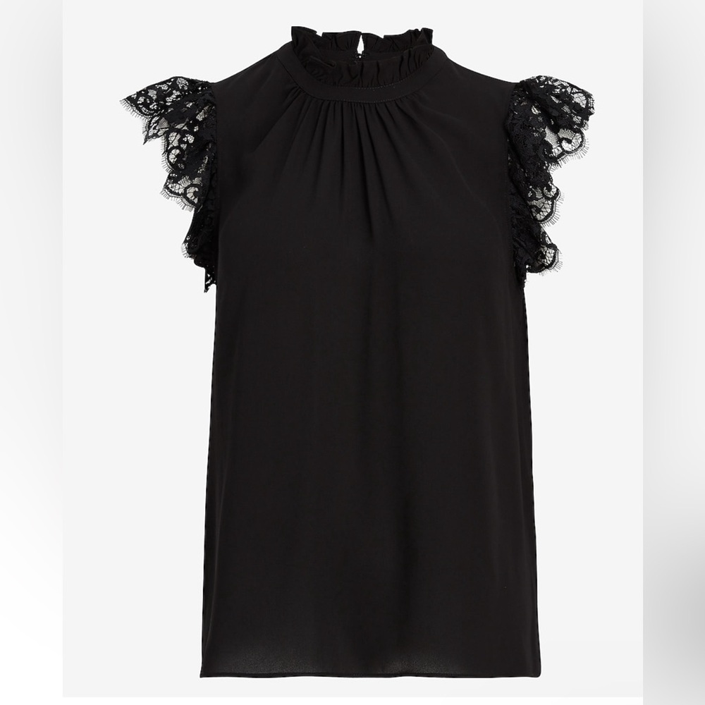 Express Ruffle Mock Neck Lace Sleeve Gramercy Tee, xs